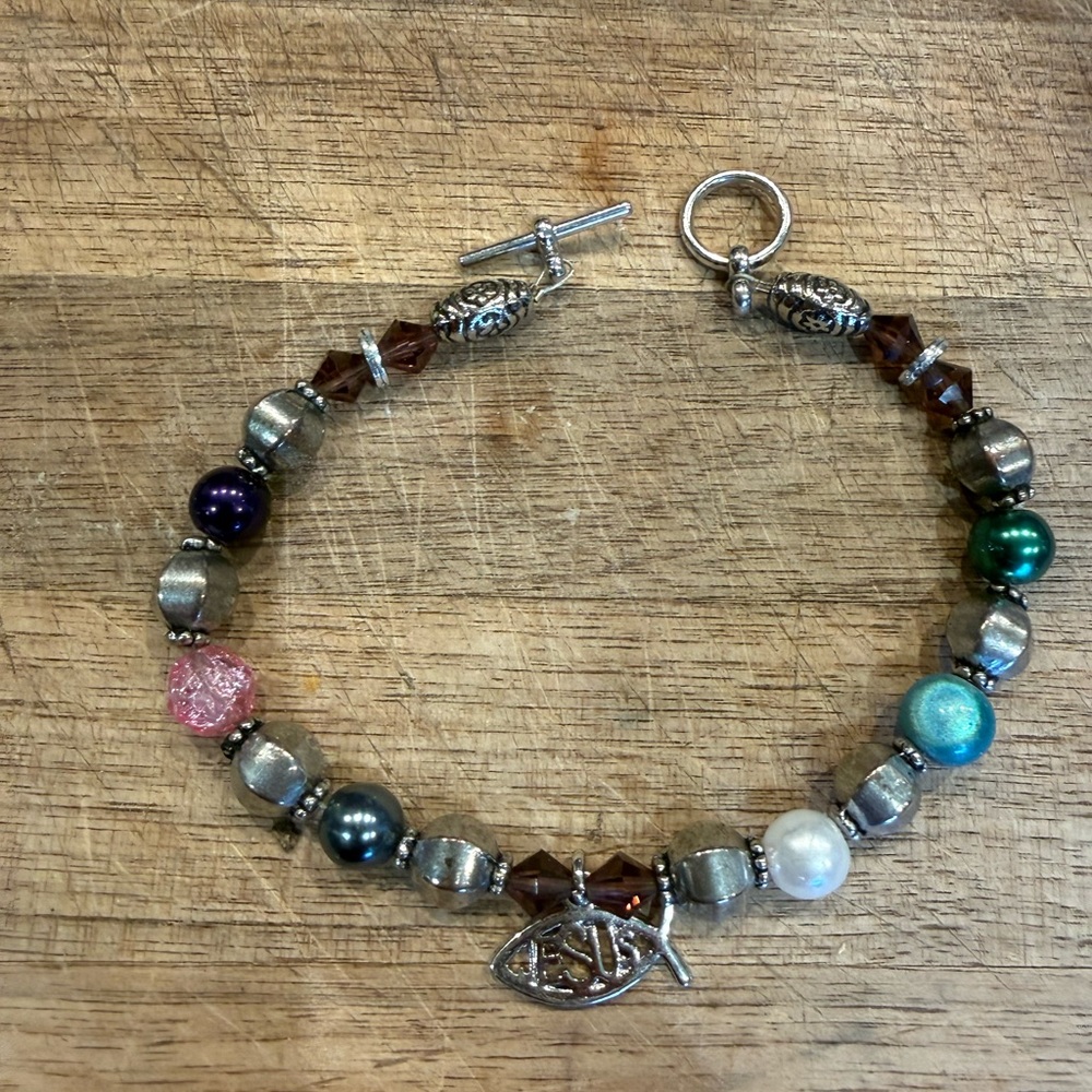 Multicolor Beaded Bracelet with Silver JESUS Fish Charm